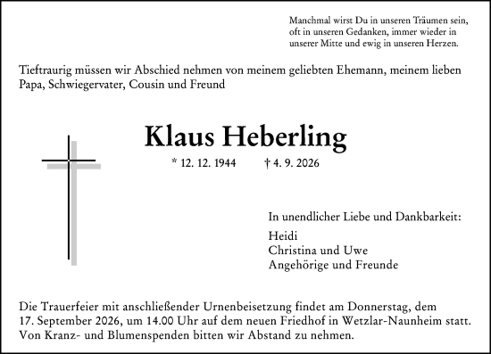 Traueranzeige von Klaus Heberling von Wetzlarer Neue Zeitung