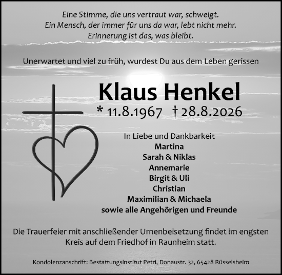 Traueranzeige von Klaus Henkel von Rüsselsheimer Echo