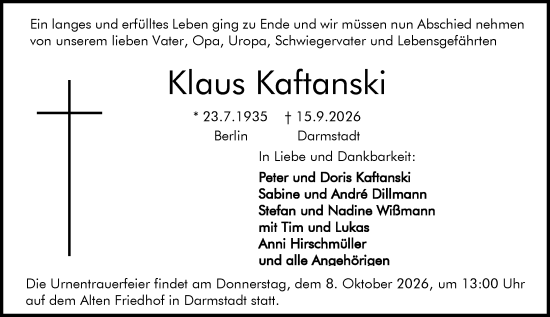 Traueranzeige von Klaus Kaftanski von Darmstädter Echo