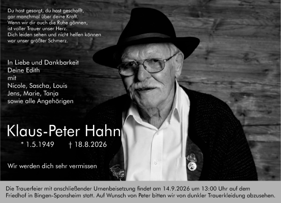 Traueranzeige von Klaus-Peter Hahn von Binger-/Ingelheimer Wochenblatt