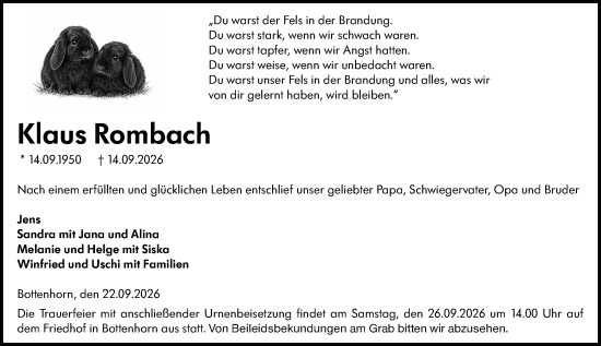 Traueranzeige von Klaus Rombach von Hinterländer Anzeiger