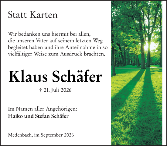 Traueranzeige von Klaus Schäfer von Dill Block