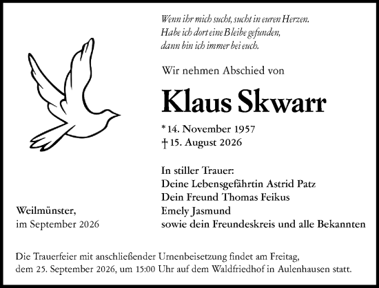 Traueranzeige von Klaus Skwarr von Weilburger Tageblatt