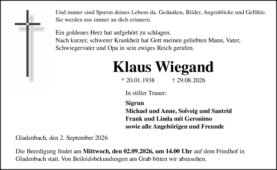 Traueranzeige von Klaus Wiegand von Hinterländer Anzeiger
