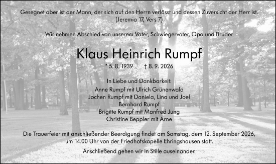 Traueranzeige von Klaus Heinrich Rumpf von Wetzlarer Neue Zeitung