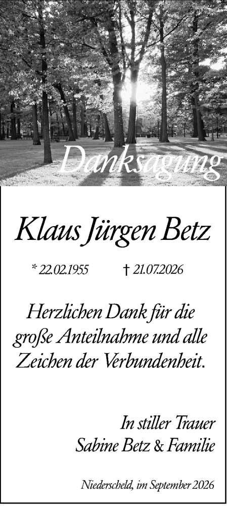 Traueranzeige von Klaus Jürgen Betz von Dill Block