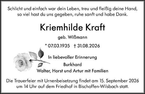 Traueranzeige von Kriemhilde Kraft von Wetzlarer Neue Zeitung