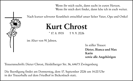 Traueranzeige von Kurt Chrost von Darmstädter Echo