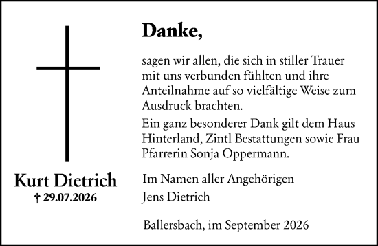 Traueranzeige von Kurt Dietrich von Hinterländer Anzeiger