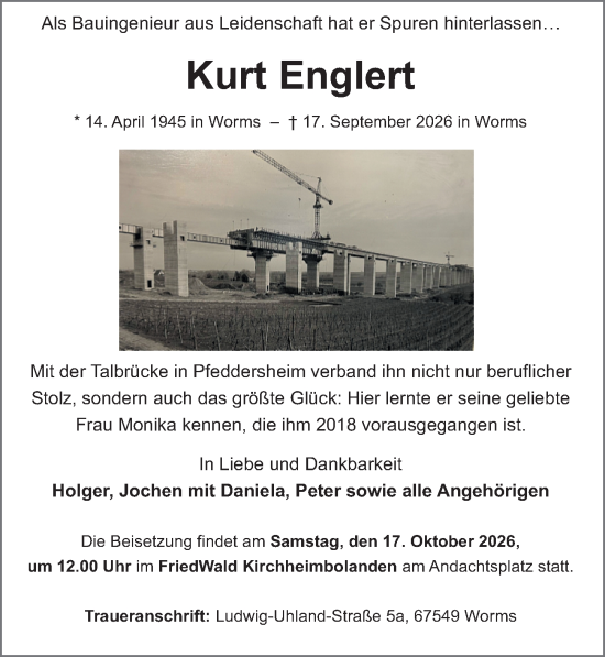 Traueranzeige von Kurt Englert von Wormser Zeitung