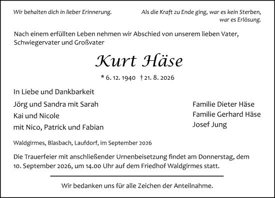 Traueranzeige von Kurt Häse von Wetzlarer Neue Zeitung