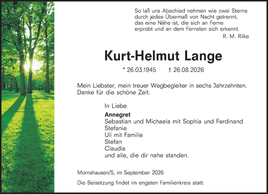 Traueranzeige von Kurt-Helmut Lange von Hinterländer Anzeiger
