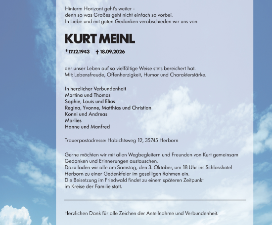 Traueranzeige von Kurt Meinl von Dill Block