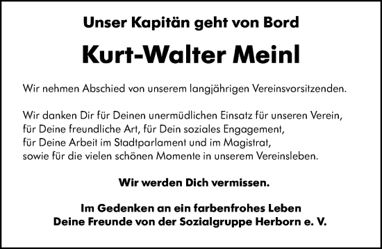 Traueranzeige von Kurt-Walter Meinl von Dill Block