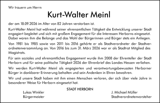 Traueranzeige von Kurt-Walter Meinl von Dill Block