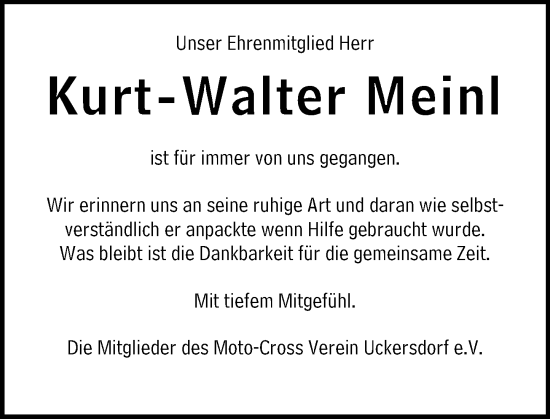 Traueranzeige von Kurt-Walter Meinl von Dill Block