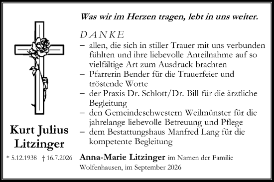 Traueranzeige von Kurt Julius Litzinger von Weilburger Tageblatt