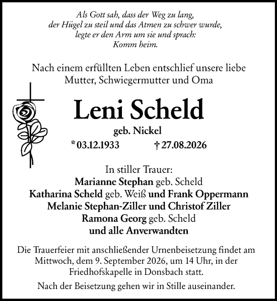 Traueranzeige von Leni Scheld von Dill Block