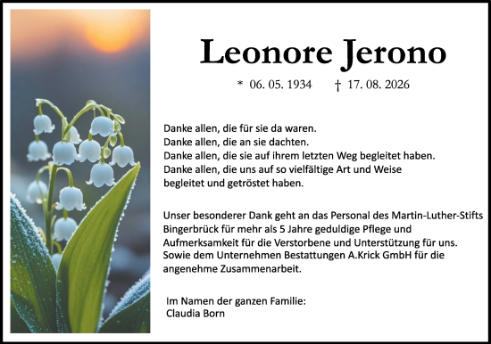 Traueranzeige von Leonore Jerono von Allgemeine Zeitung Rheinhessen-Nahe