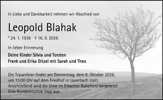 Traueranzeige von Leopold Blahak von Odenwälder Echo