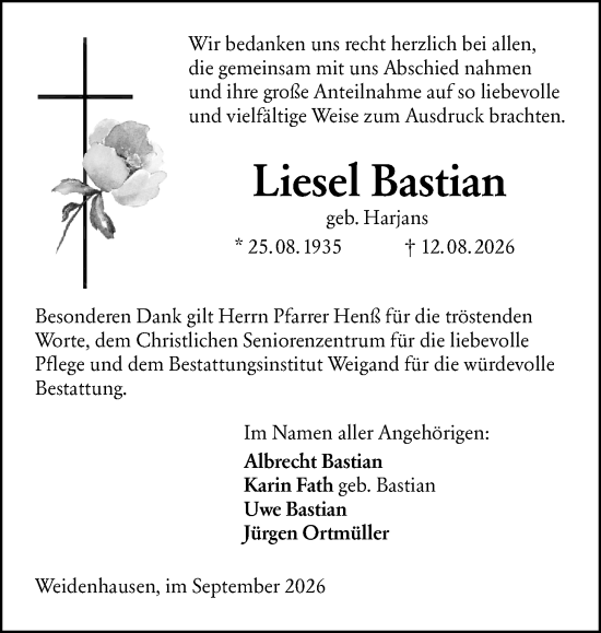 Traueranzeige von Liesel Bastian von Hinterländer Anzeiger
