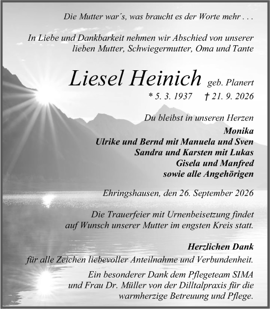 Traueranzeige von Liesel Heinich von Wetzlarer Neue Zeitung