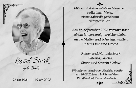 Traueranzeige von Liesel Stork von Allgemeine Zeitung Mainz