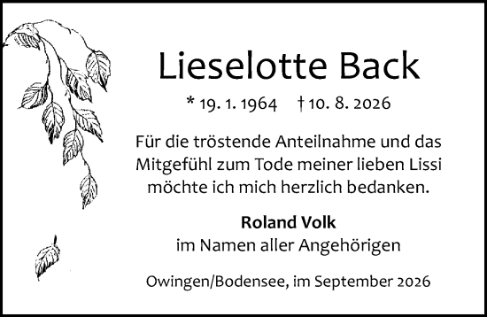 Traueranzeige von Lieselotte Back von Odenwälder Echo