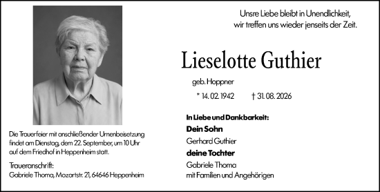 Traueranzeige von Lieselotte Guthier von Starkenburger Echo