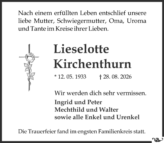 Traueranzeige von Lieselotte Kirchenthurn von Allgemeine Zeitung Mainz