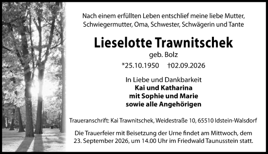 Traueranzeige von Lieselotte Trawnitschek von Idsteiner Land/Untertaunus
