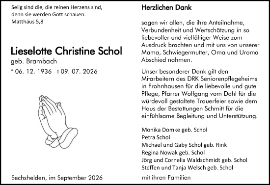 Traueranzeige von Lieselotte Christine Schol von Dill Block