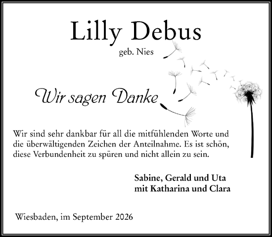 Traueranzeige von Lilly Debus von Wiesbadener Kurier