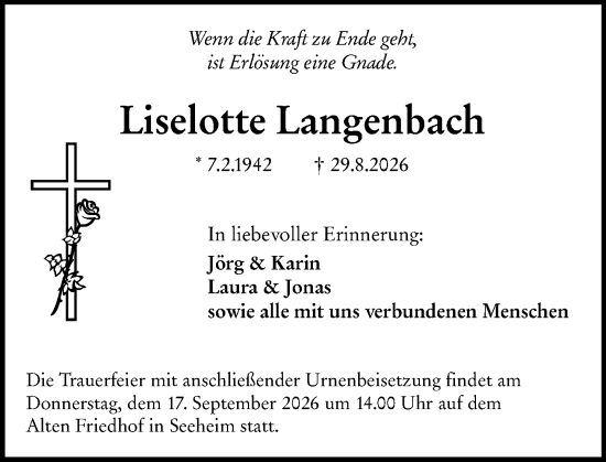 Traueranzeige von Liselotte Langenbach von Darmstädter Echo
