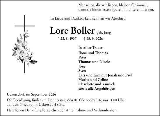Traueranzeige von Lore Boller von Dill Block