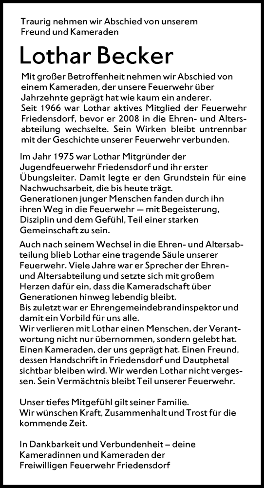 Traueranzeige von Lothar Becker von Hinterländer Anzeiger