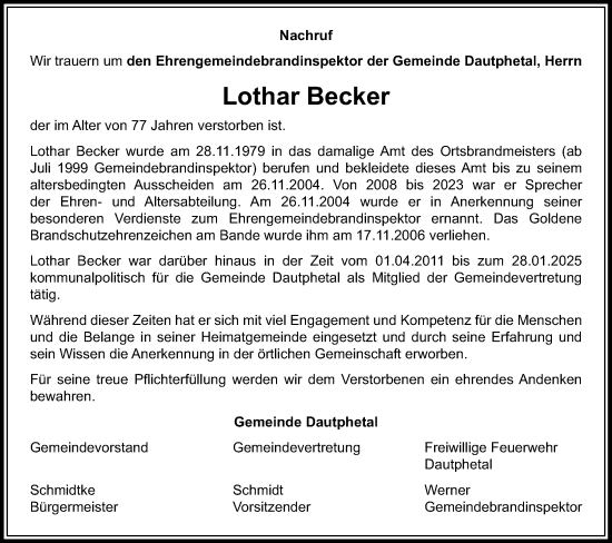 Traueranzeige von Lothar Becker von Hinterländer Anzeiger