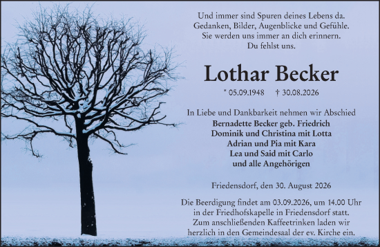 Traueranzeige von Lothar Becker von Hinterländer Anzeiger