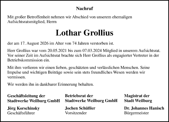 Traueranzeige von Lothar Grollius von Weilburger Tageblatt