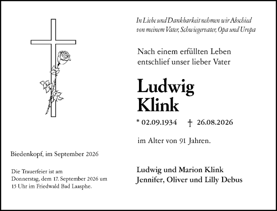 Traueranzeige von Ludwig Klink von Hinterländer Anzeiger