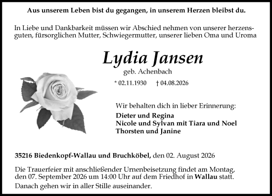 Traueranzeige von Lydia Jansen von Hinterländer Anzeiger