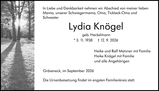 Traueranzeige von Lydia Knögel von Weilburger Tageblatt