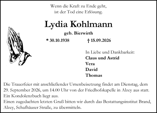 Traueranzeige von Lydia Kohlmann von Allgemeine Zeitung Alzey
