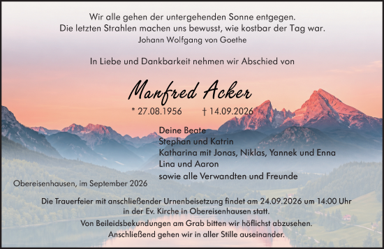 Traueranzeige von Manfred Acker von Hinterländer Anzeiger