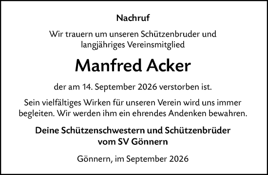 Traueranzeige von Manfred Acker von Hinterländer Anzeiger