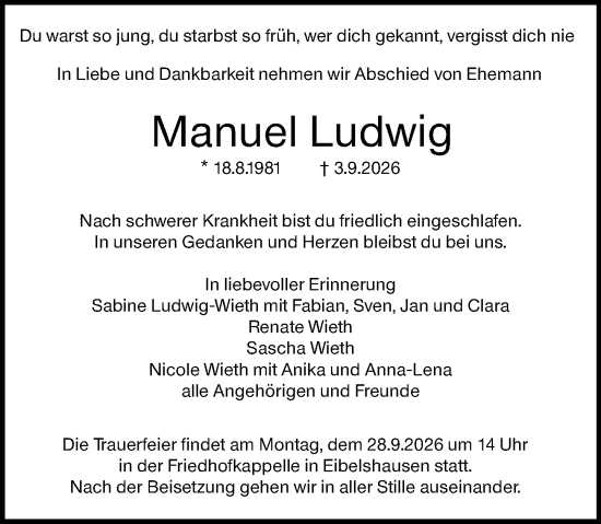 Traueranzeige von Manuel Ludwig von Hinterländer Anzeiger