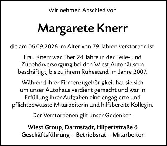 Traueranzeige von Margarete Knerr von Odenwälder Echo