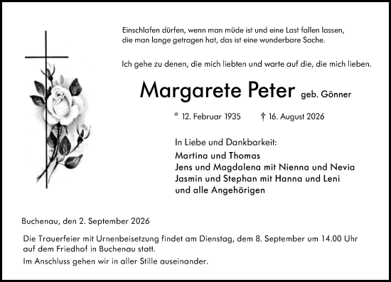Traueranzeige von Margarete Peter von Hinterländer Anzeiger