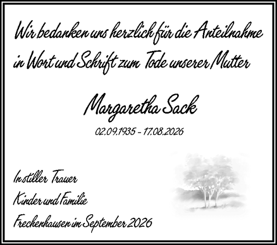 Traueranzeige von Margaretha Sack von Hinterländer Anzeiger