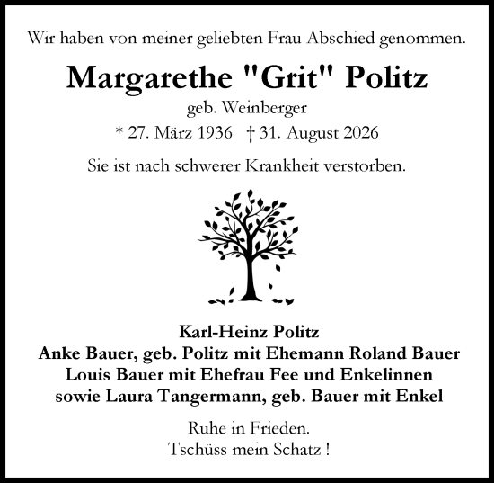 Traueranzeige von Margarethe Politz von Allgemeine Zeitung Mainz